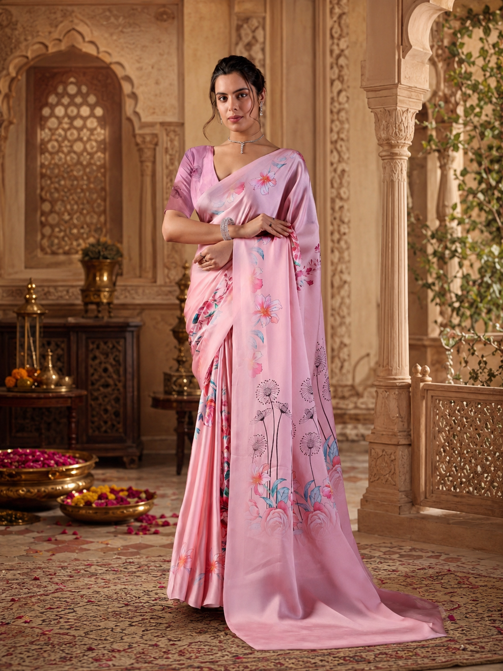 Satin Silk Floral Printed Saree With Unstitched Blouse(Pink)