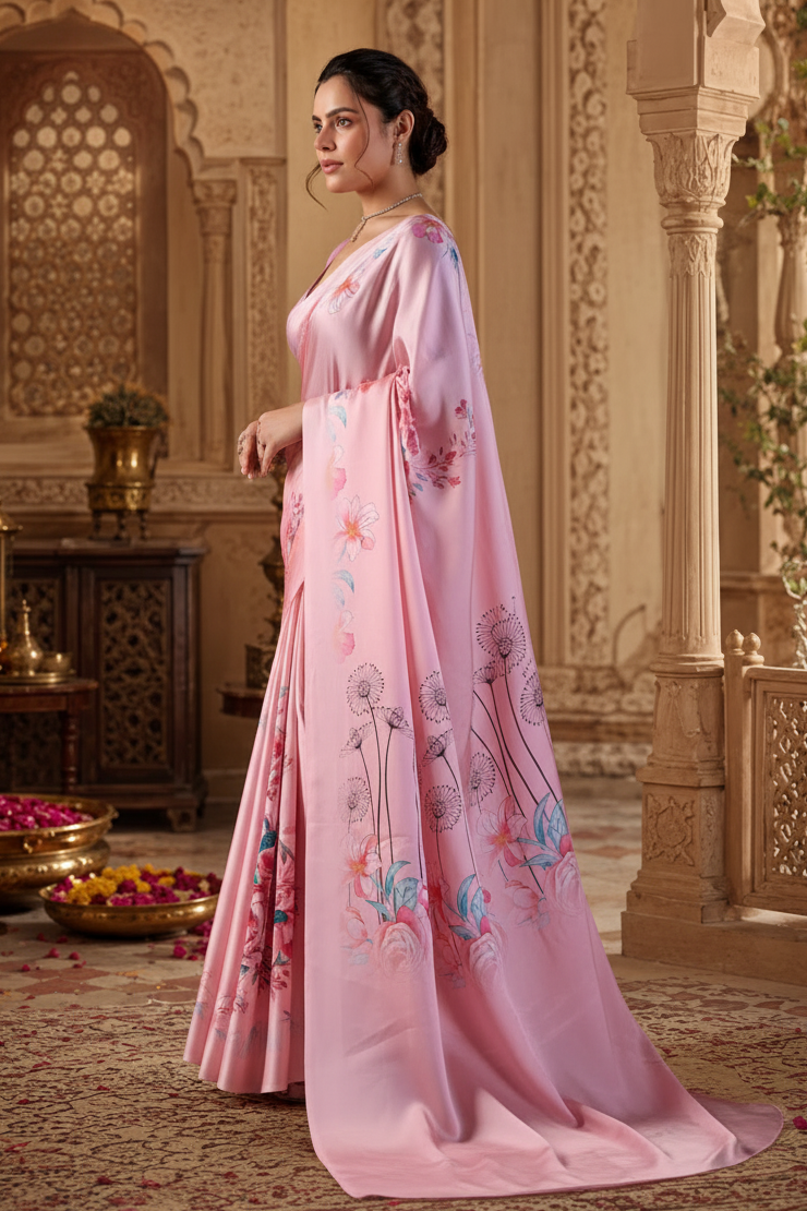 Satin Silk Floral Printed Saree With Unstitched Blouse(Pink)