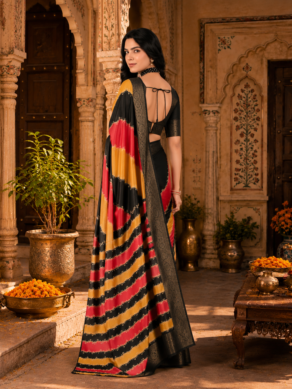 Soft Litchi Silk Saree With Unstitched Blouse(Multicolor)