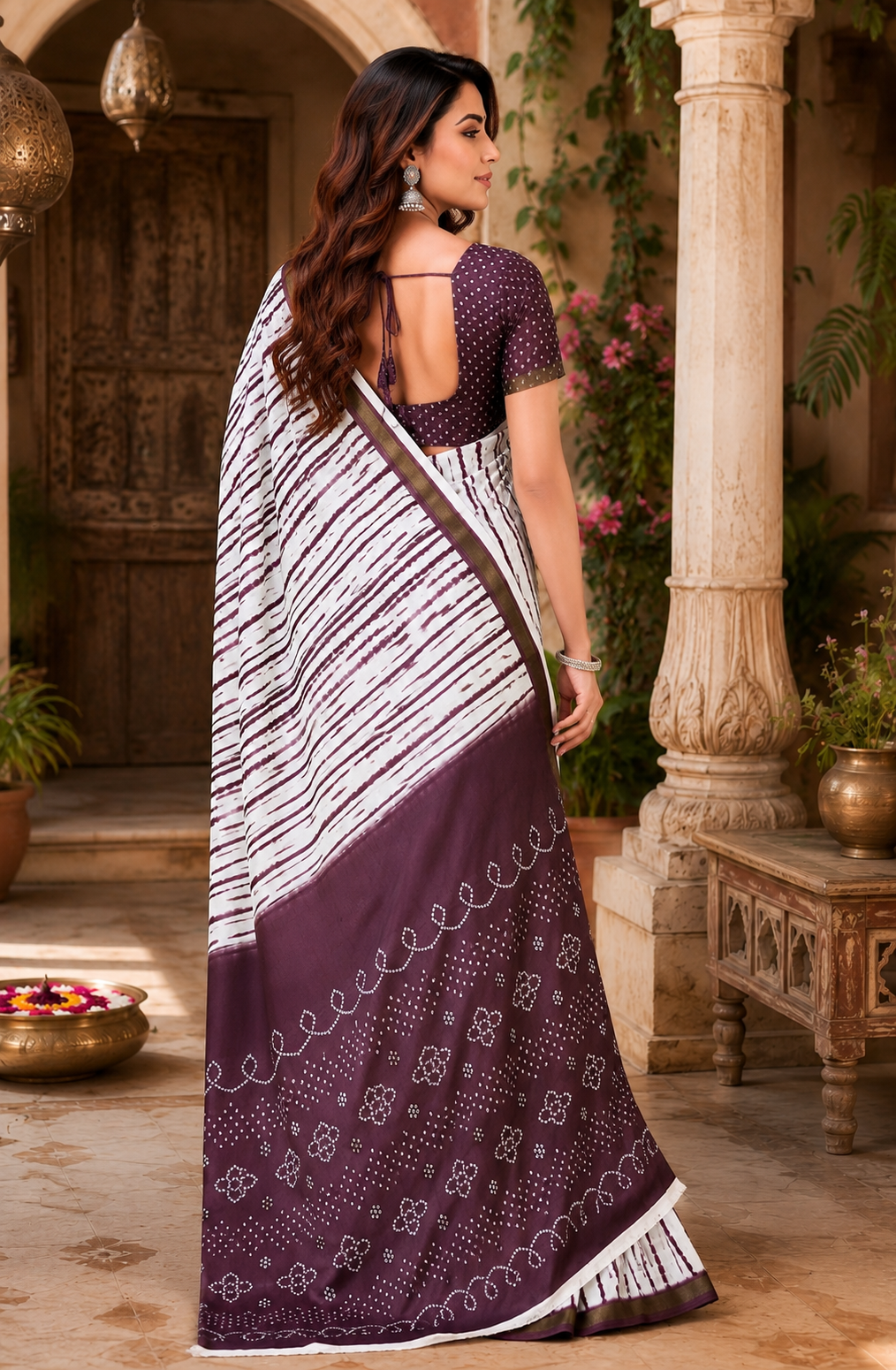 Linen Printed Saree With Unstitched Blouse(Brown)