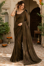 Viscose Thread Embroidery Work Saree With Unstitched Blouse(Brown)