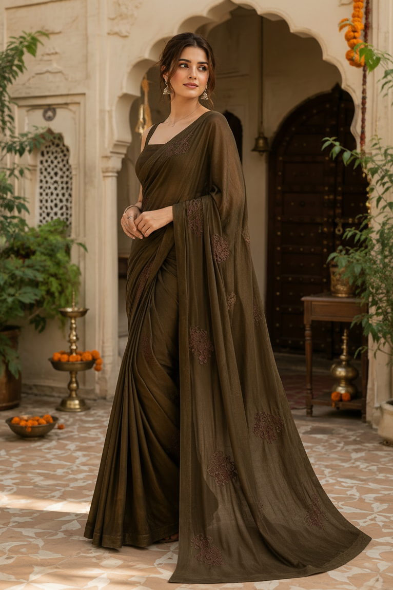 Viscose Thread Embroidery Work Saree With Unstitched Blouse(Brown)