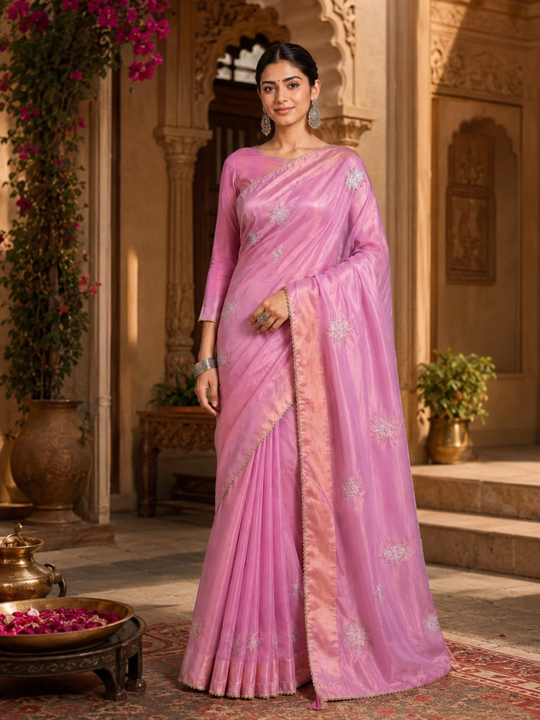 Gold Span  Embroidery Moti Beats Zari Patta Border Silk Saree With Unstitched Blouse (Pink)