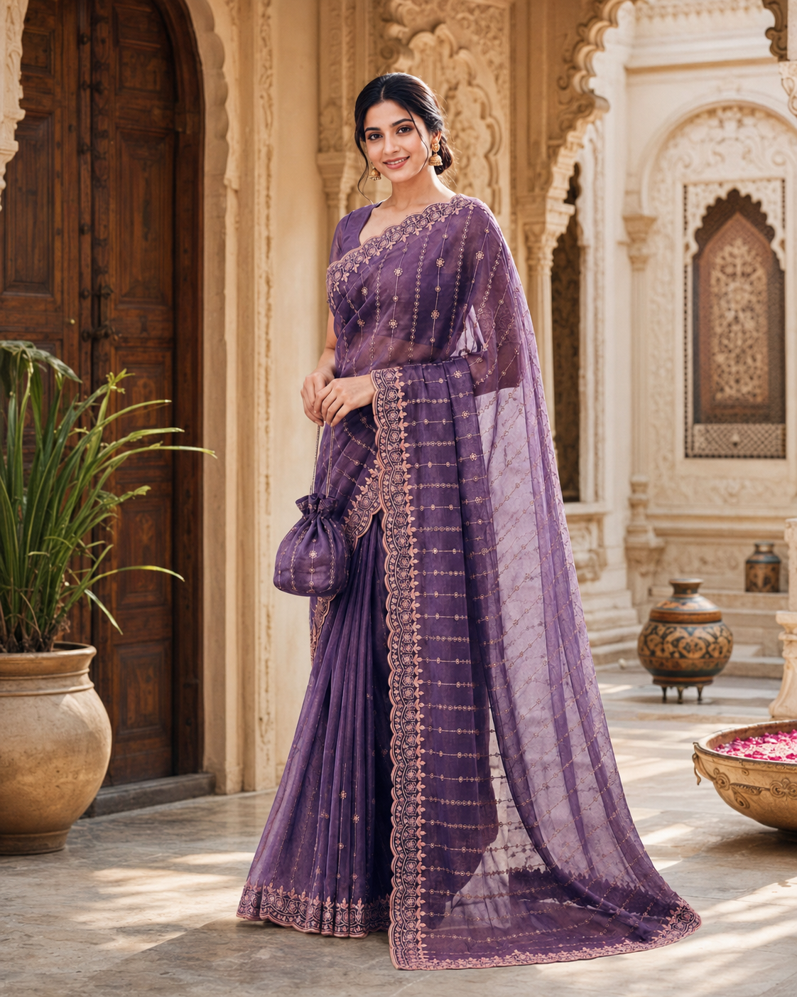 Moss Gold Shine Multi Sequence Embroidery Work Silk Saree With Unstitched Blouse (Lavender Purple)