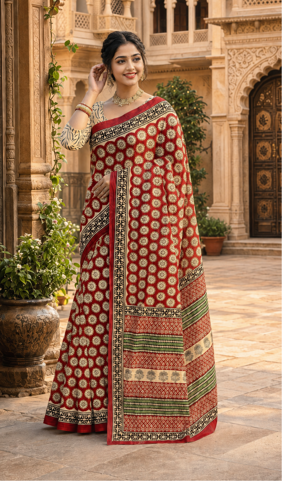 Primum Pure Mulmul Cotton Bagru Print Saree With Unstitched Blouse (Red)