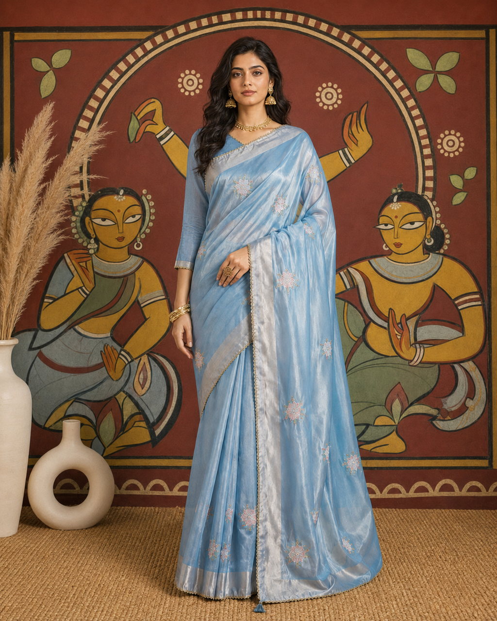 Gold Span Embroidery Moti Beats Zari Patta Border Silk Saree With Unstitched Blouse (Sky Blue)