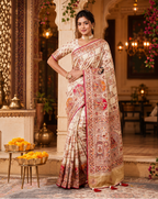 Premium Luxurious Pachmina  Lagdi Patta Saree With Unstitched Blouse (Ivory Cream)