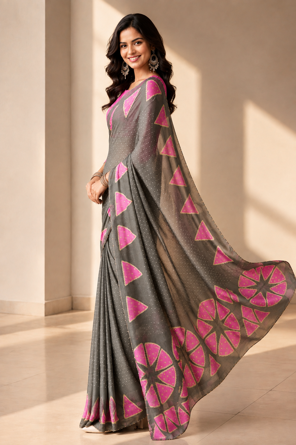 Elegance Premium Chiffon Fabric With Sequence Floral Printed Saree With Unstitched Blouse (Grey)