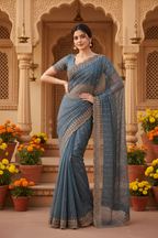 Moss Gold Shine Multi Sequence Embroidery Work Saree With Unstitched Blouse (Teal)