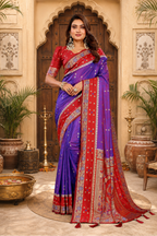 Pure Handloom Kalamkari Silk Zari Woven Borders Saree With Unstitched Blouse(Purple)