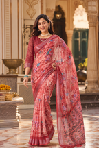 Premium Linen Floral Print Traditional Patola Border Saree with Unstitched Blouse (Reddish)