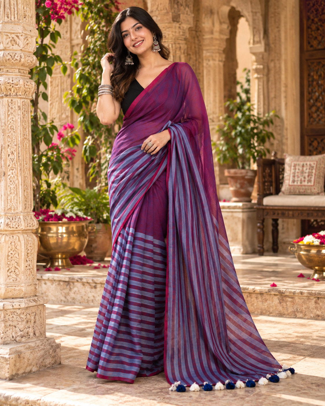 Cotton Digital Printed Saree With Unstitched Blouse(Wine)
