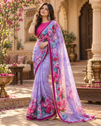 Georgette Digital Printed Saree With Unstitched Blouse(Purple)