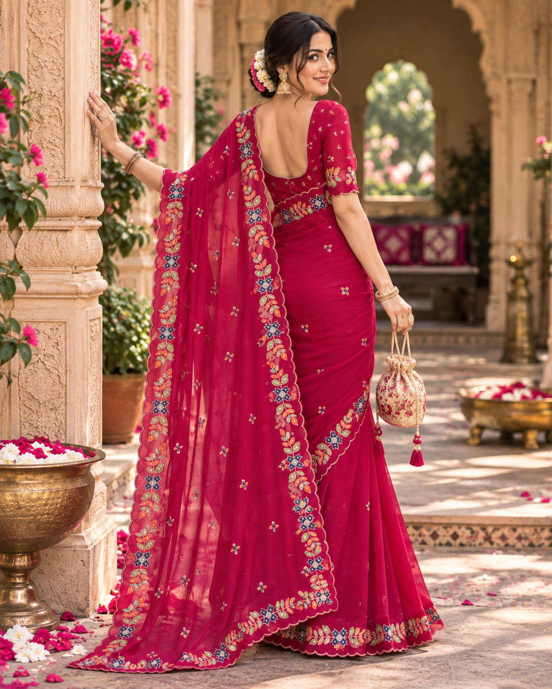 Rangoli Silk Embroidery Work Saree With Unstitched Blouse(Red)
