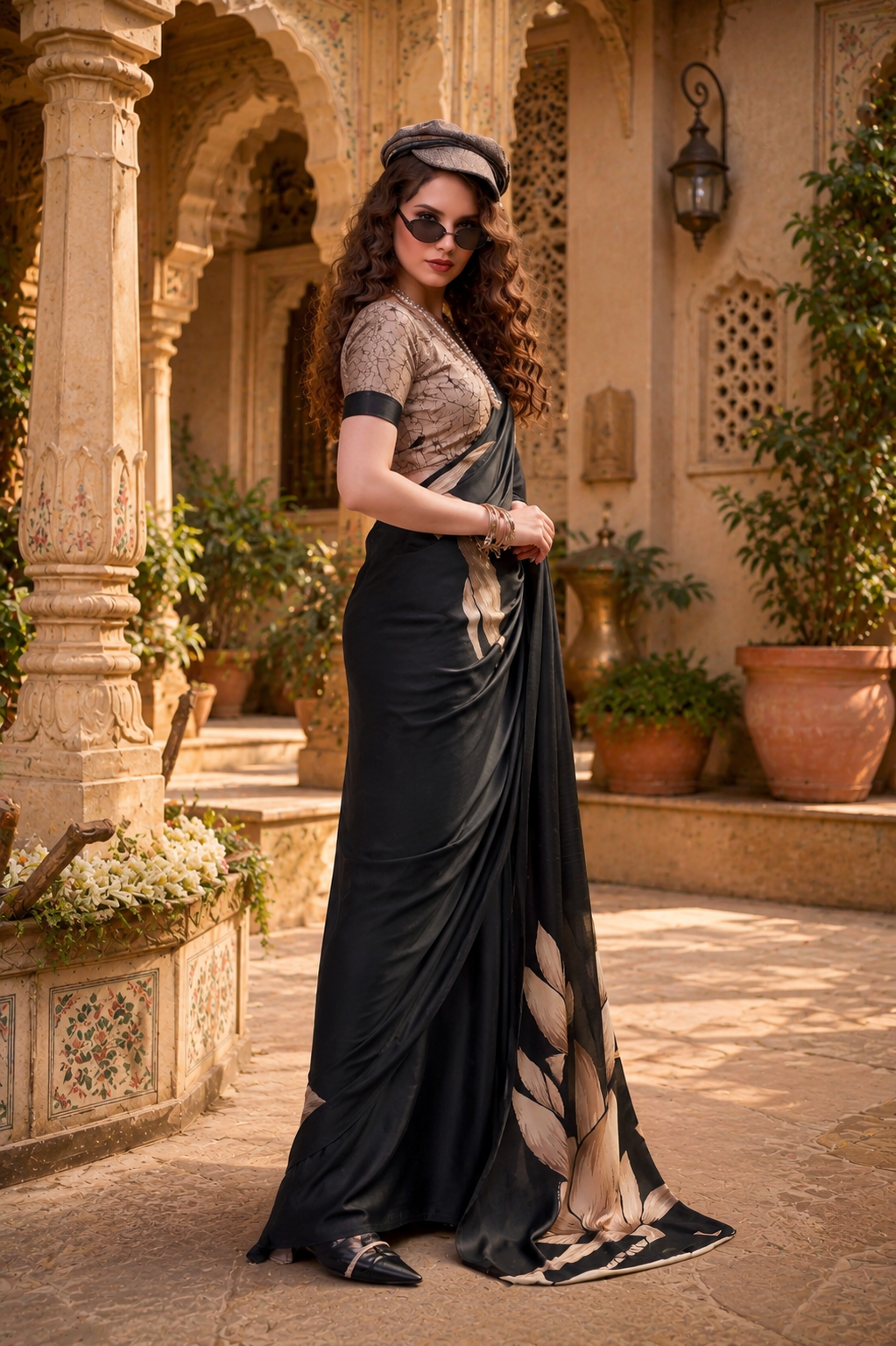 Stunning Satin Silk Floral Printed Saree With Unstitched Blouse(Black)