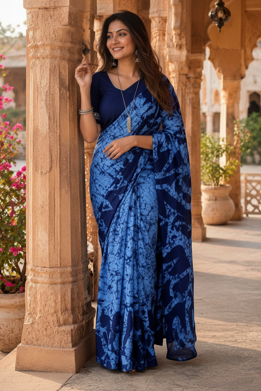 Pure Mulmul Cotton Printed Saree With Unstitched Blouse(Blue)