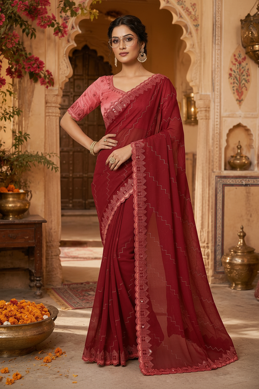 Organza Silk Saree With Unstitched Blouse(Red)