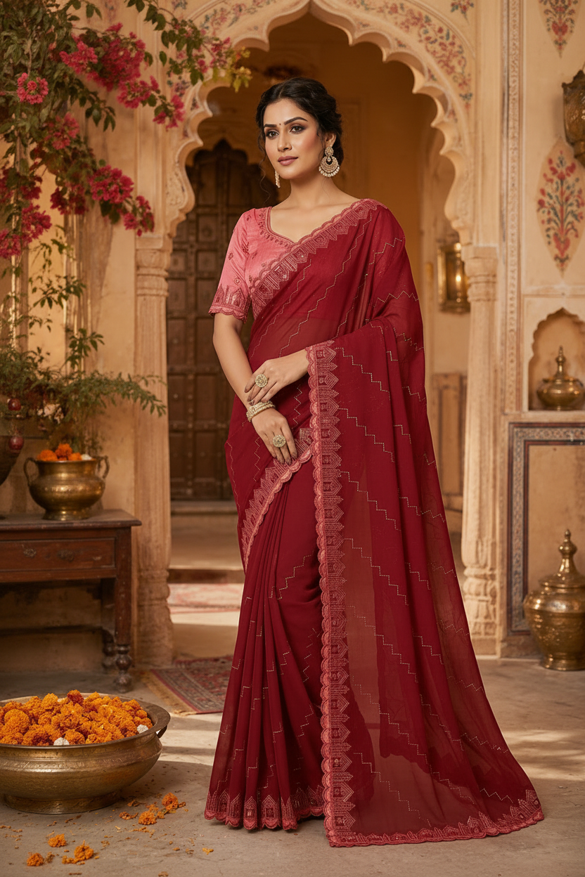 Organza Silk Saree With Unstitched Blouse(Red)