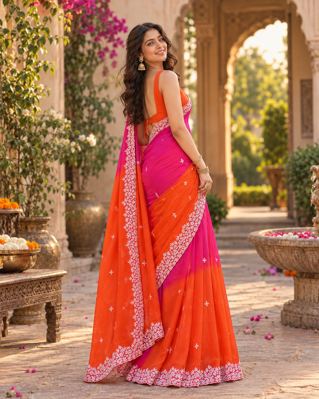 Chinon Silk Embroidery Work Saree With Unstitched Blouse(Orange)