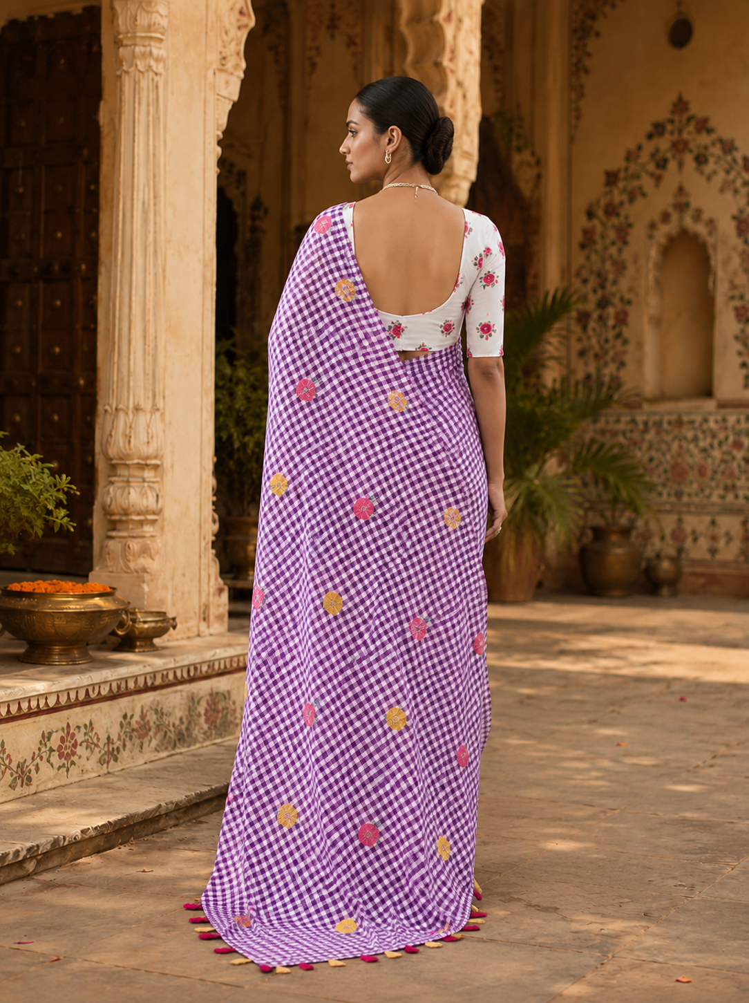 Linen Flora Chex Printed Saree With Unstitched Blouse(Lavender)