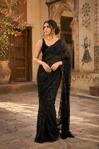 Georgette Embroidery Work Saree With Unstitched Blouse(Black)
