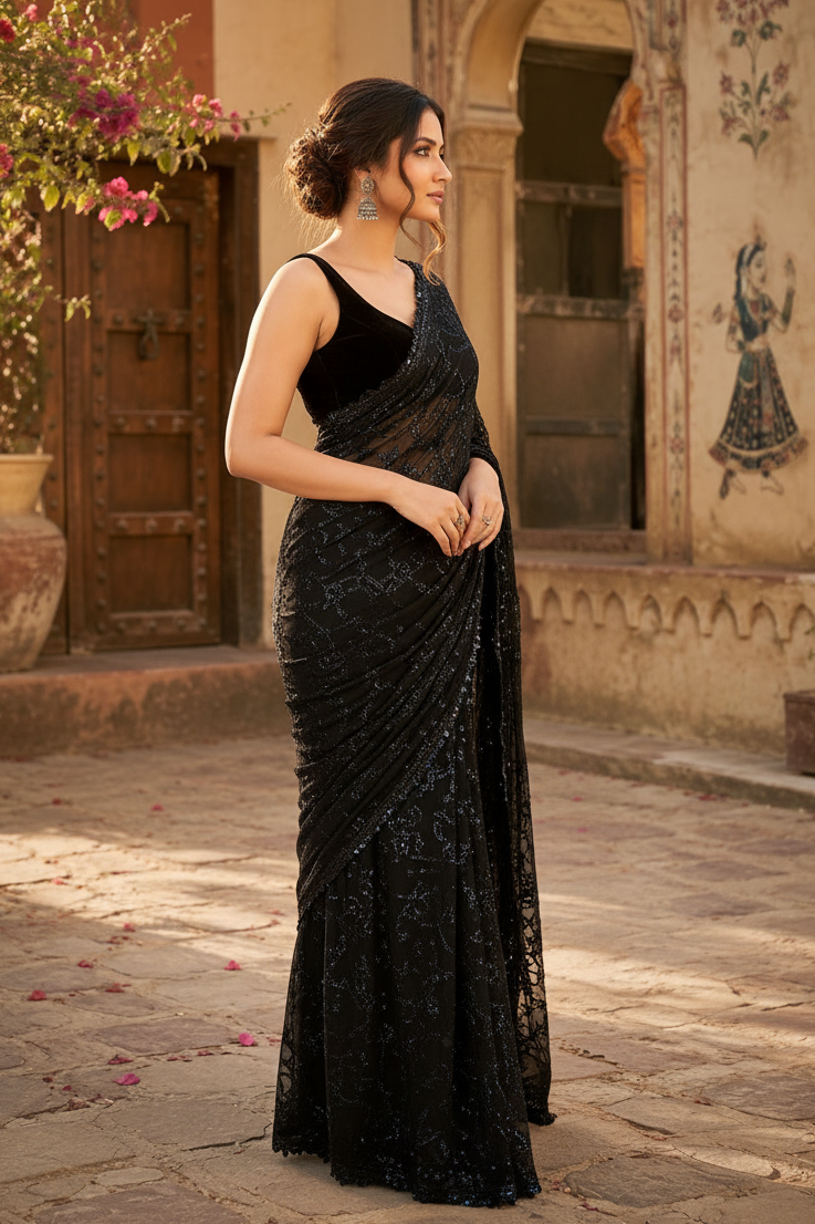 Georgette Embroidery Work Saree With Unstitched Blouse(Black)