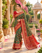 Premium Ashika Handloom Silk Patola Lagadi Patta Zari border Tassels Saree (Green)