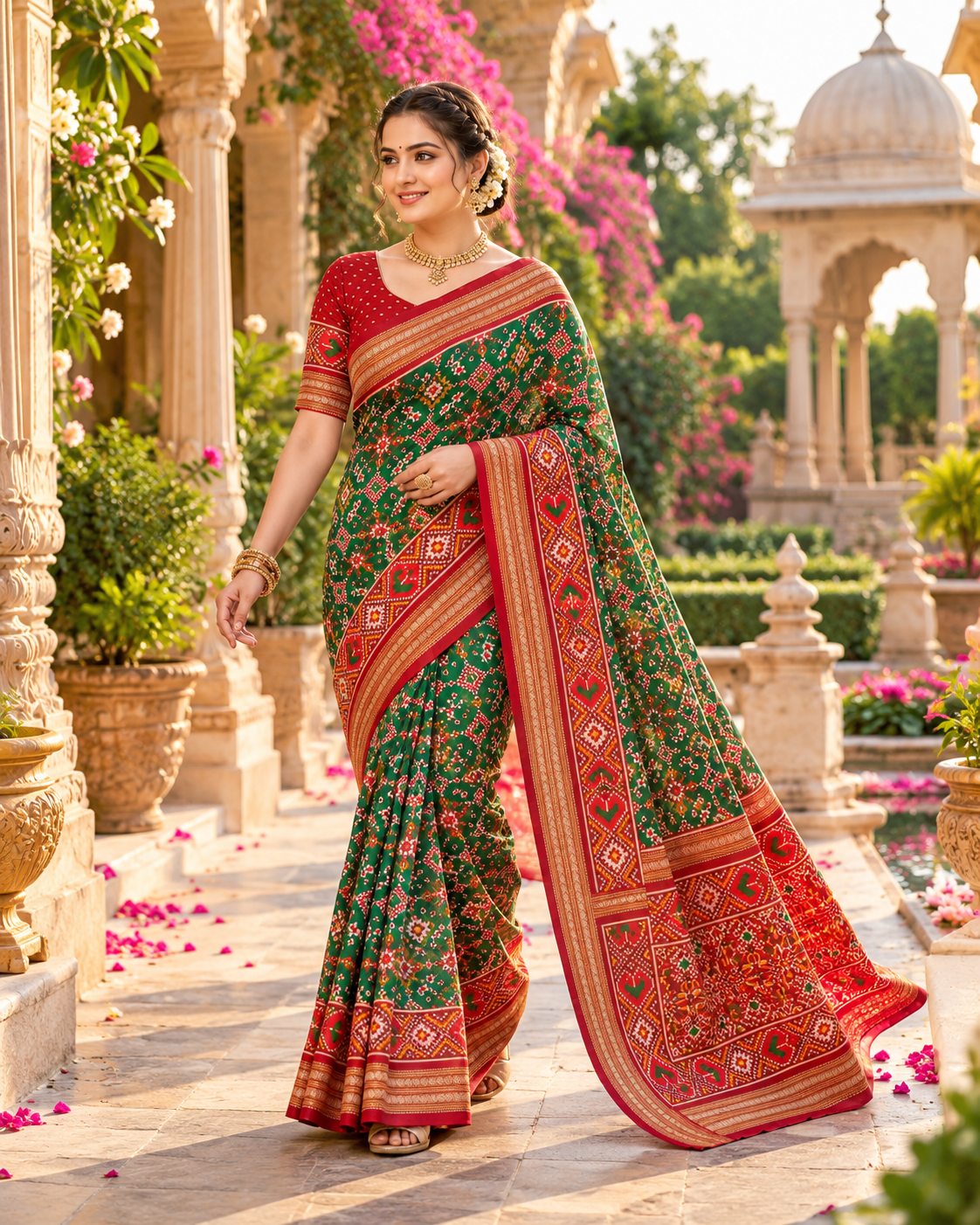 Premium Ashika Handloom Silk Patola Lagadi Patta Zari border Tassels Saree (Green)
