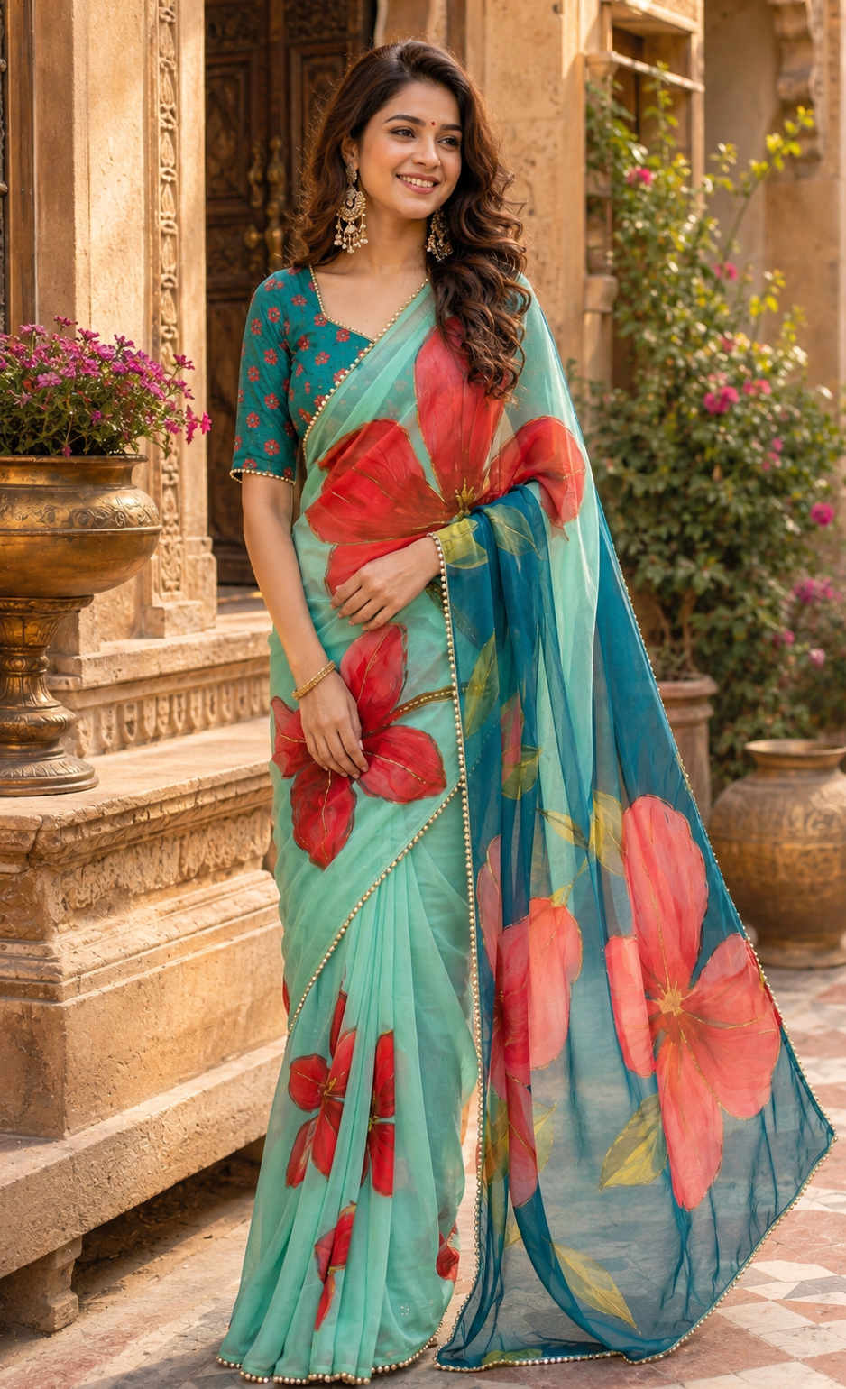 Georgette Digital Printed Saree With Unstitched Blouse(Teal)