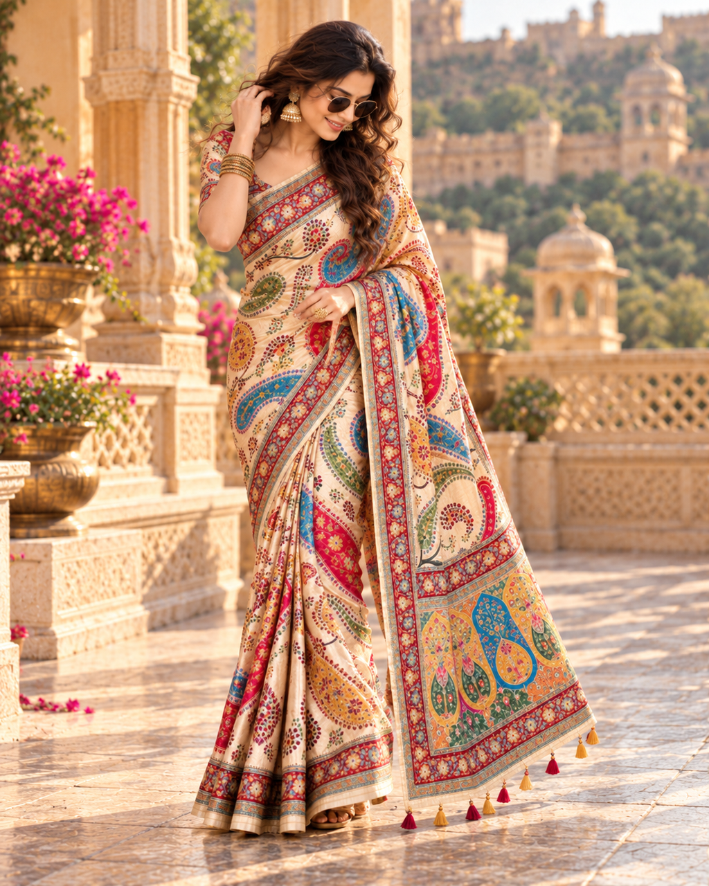 Premium Satin Silk Digital Print Saree With Unstitched Blouse(Cream)
