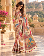 Premium Satin Silk Digital Print Saree With Unstitched Blouse(Cream)
