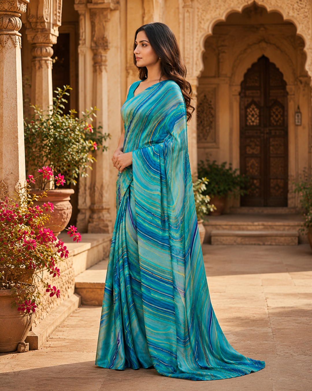 Satin Silk Printed Saree With Unstitched Blouse(Blue)