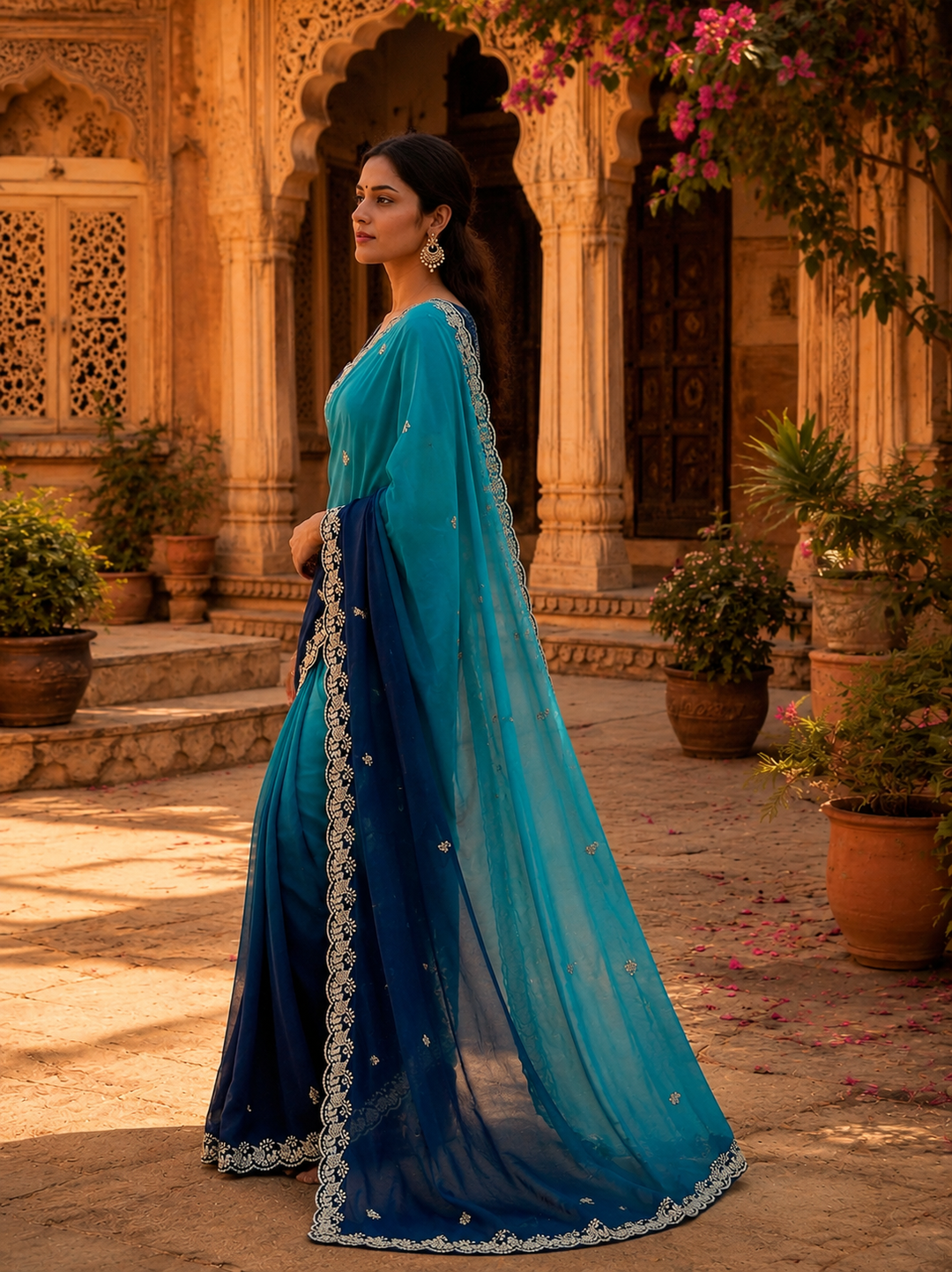 Georgette Border Work Saree With Unstitched Blouse(Blue)