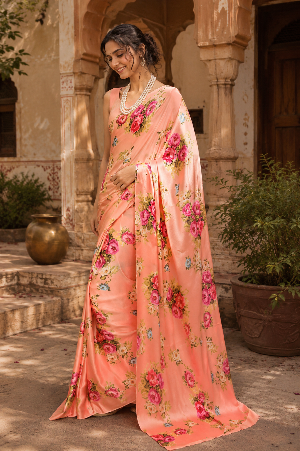 Satin Silk Printed Saree with Unstitched Blouse(Orange)