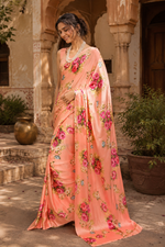 Load image into Gallery viewer, Satin Silk Printed Saree with Unstitched Blouse(Orange)
