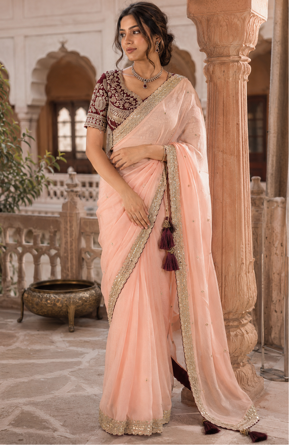 Premium Rangoli Silk Embroidery Work Saree With Unstitched Blouse(Peach)
