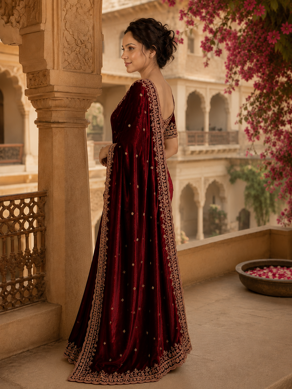 Satin Silk Embroidery Work Saree With Unstitched Blouse(Wine)