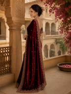 Satin Silk Embroidery Work Saree With Unstitched Blouse(Wine)