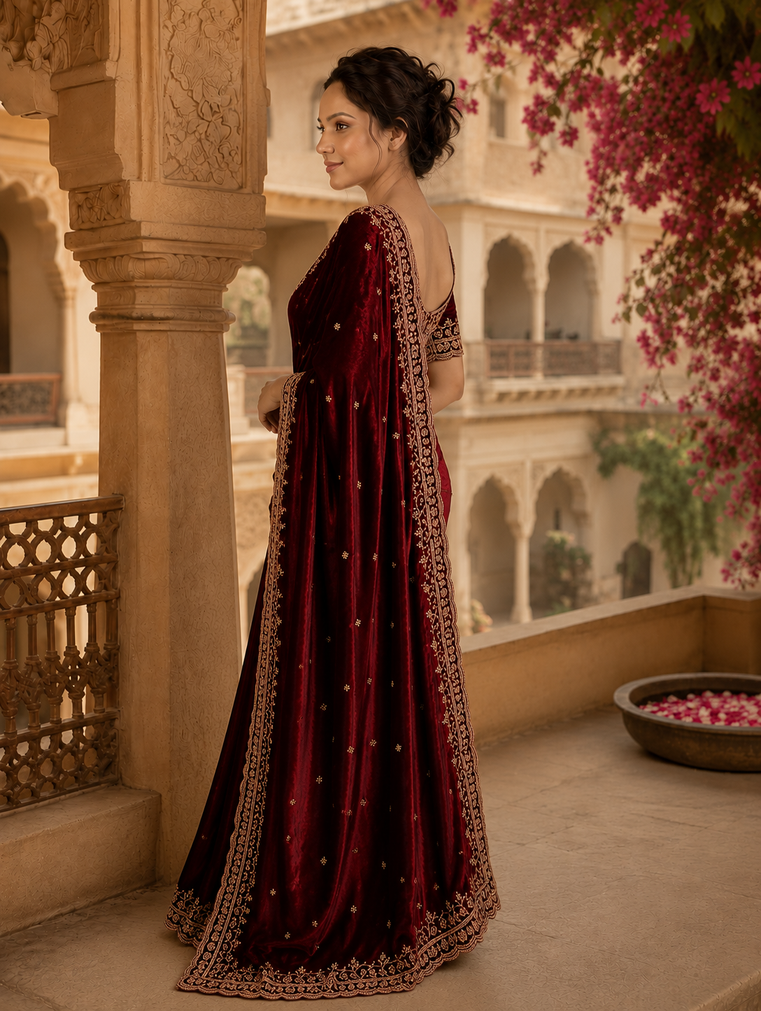 Satin Silk Embroidery Work Saree With Unstitched Blouse(Wine)
