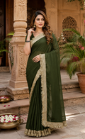 Georgette Lace Border Saree With Unstitched Blouse(Green)