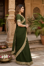 Georgette Lace Border Saree With Unstitched Blouse(Green)