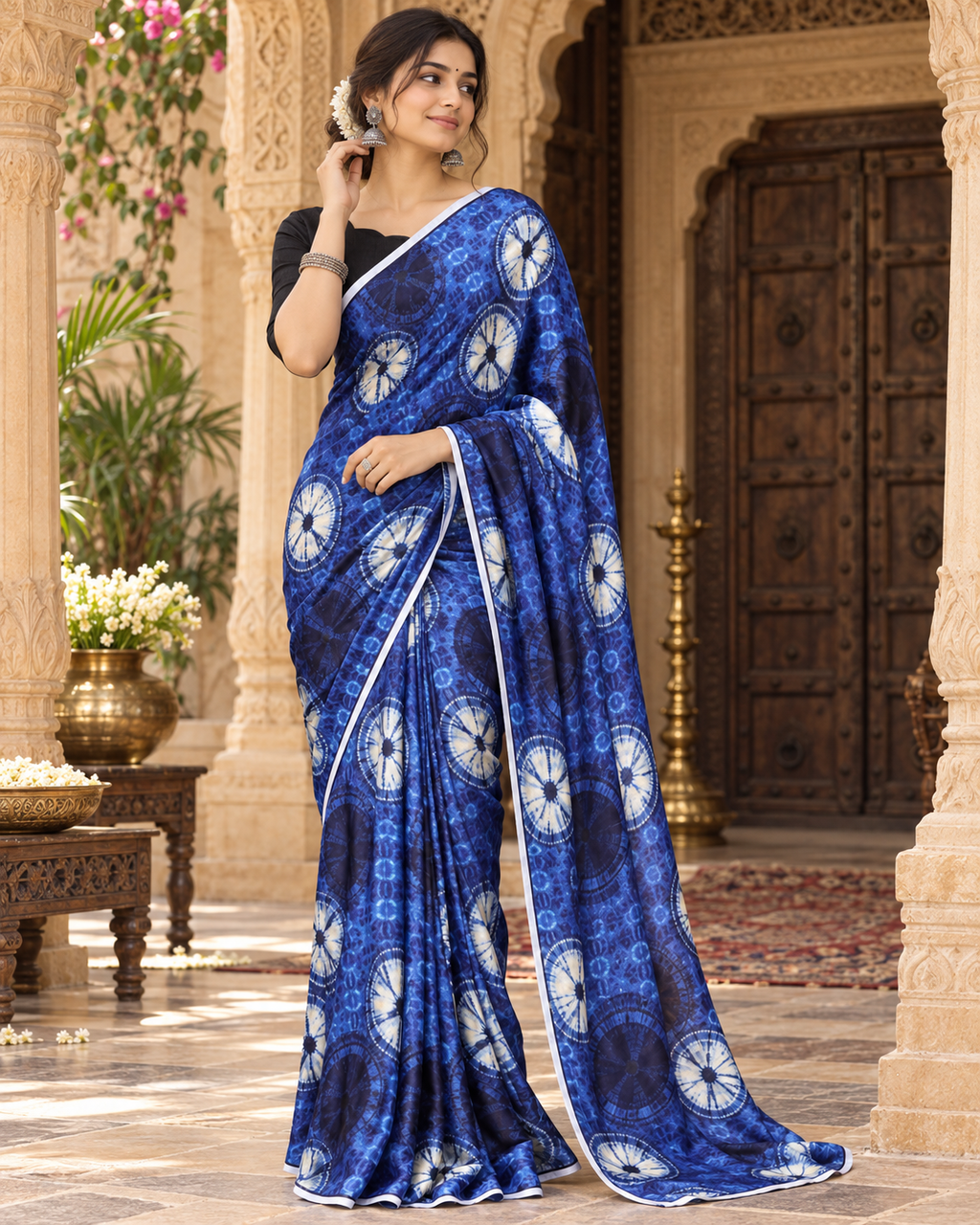 Satin Silk Printed Saree With Unstitched Blouse(Blue)