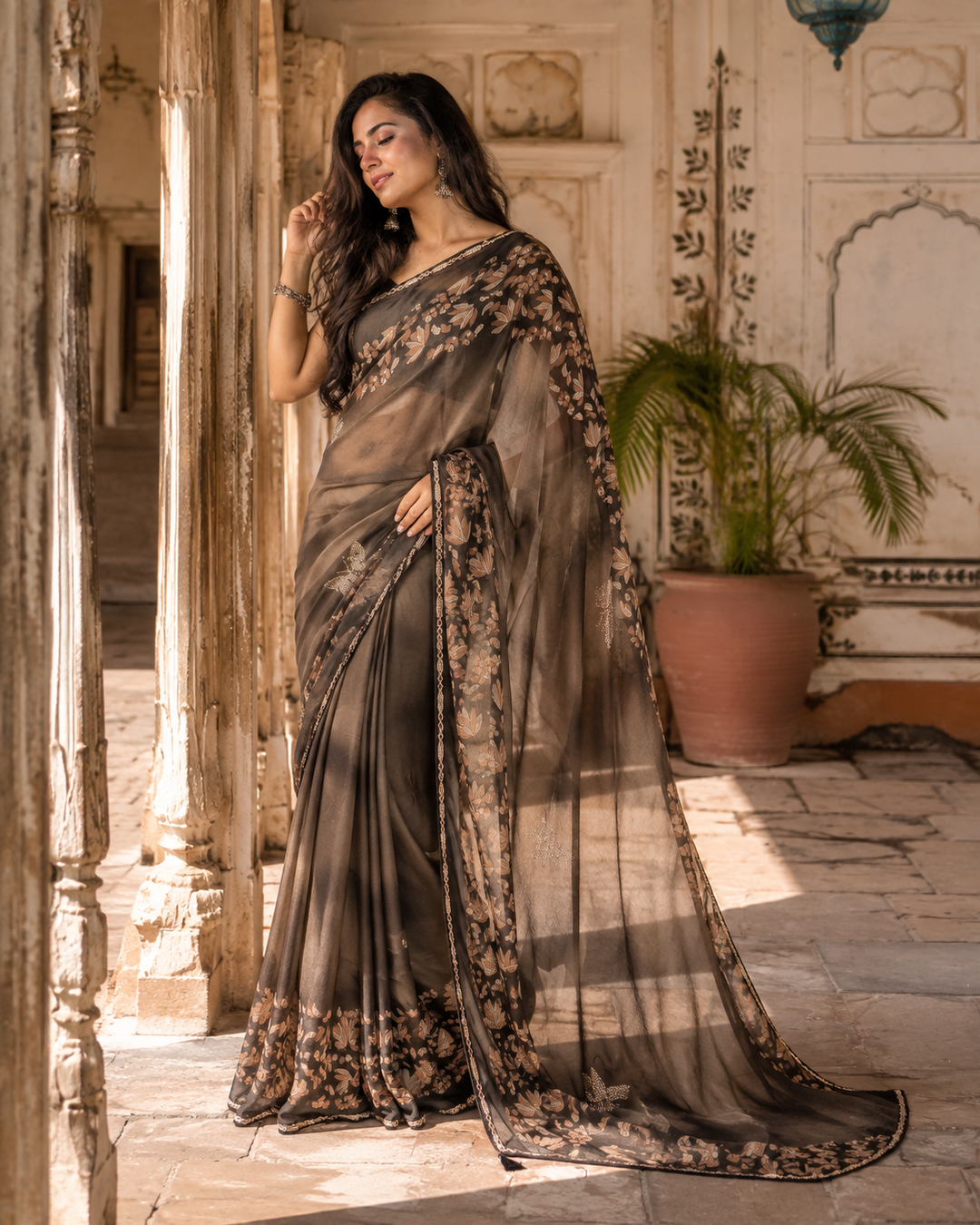 Premium Georgette Floral Print Saree With Unstitched Blouse(Brown)