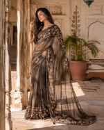 Load image into Gallery viewer, Premium Georgette Floral Print Saree With Unstitched Blouse(Brown)
