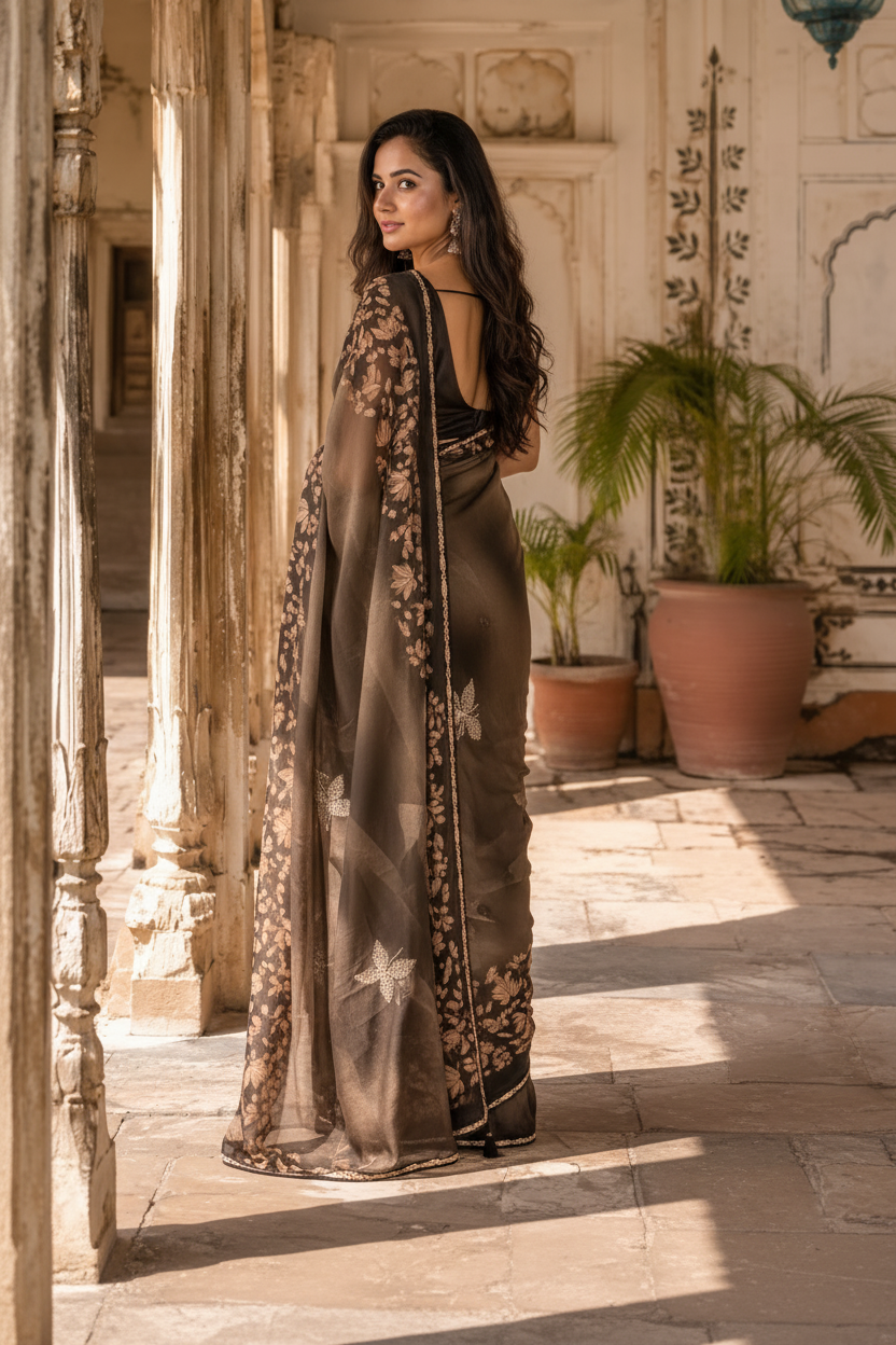 Premium Georgette Floral Print Saree With Unstitched Blouse(Brown)