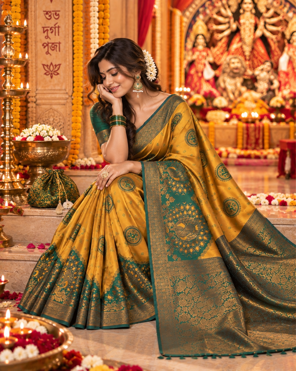 Banarasi Zari Weaving Saree With Unstitched Blouse(Yellow)