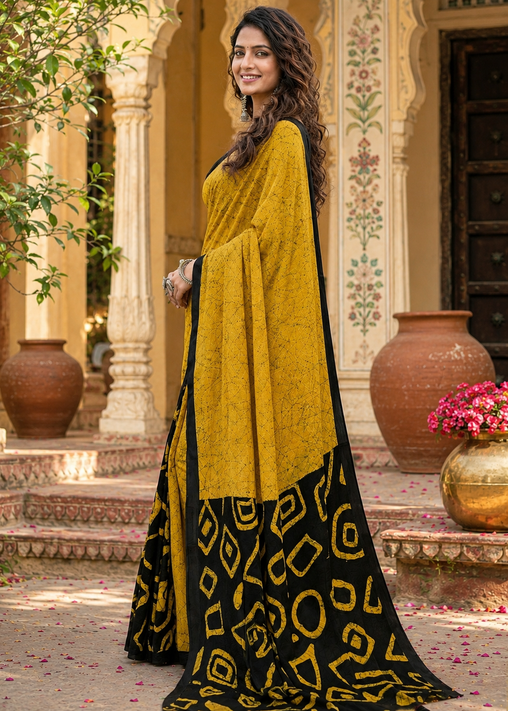 Mulmul Cotton Block Printed Saree With Unstitched Blouse(Yellow)