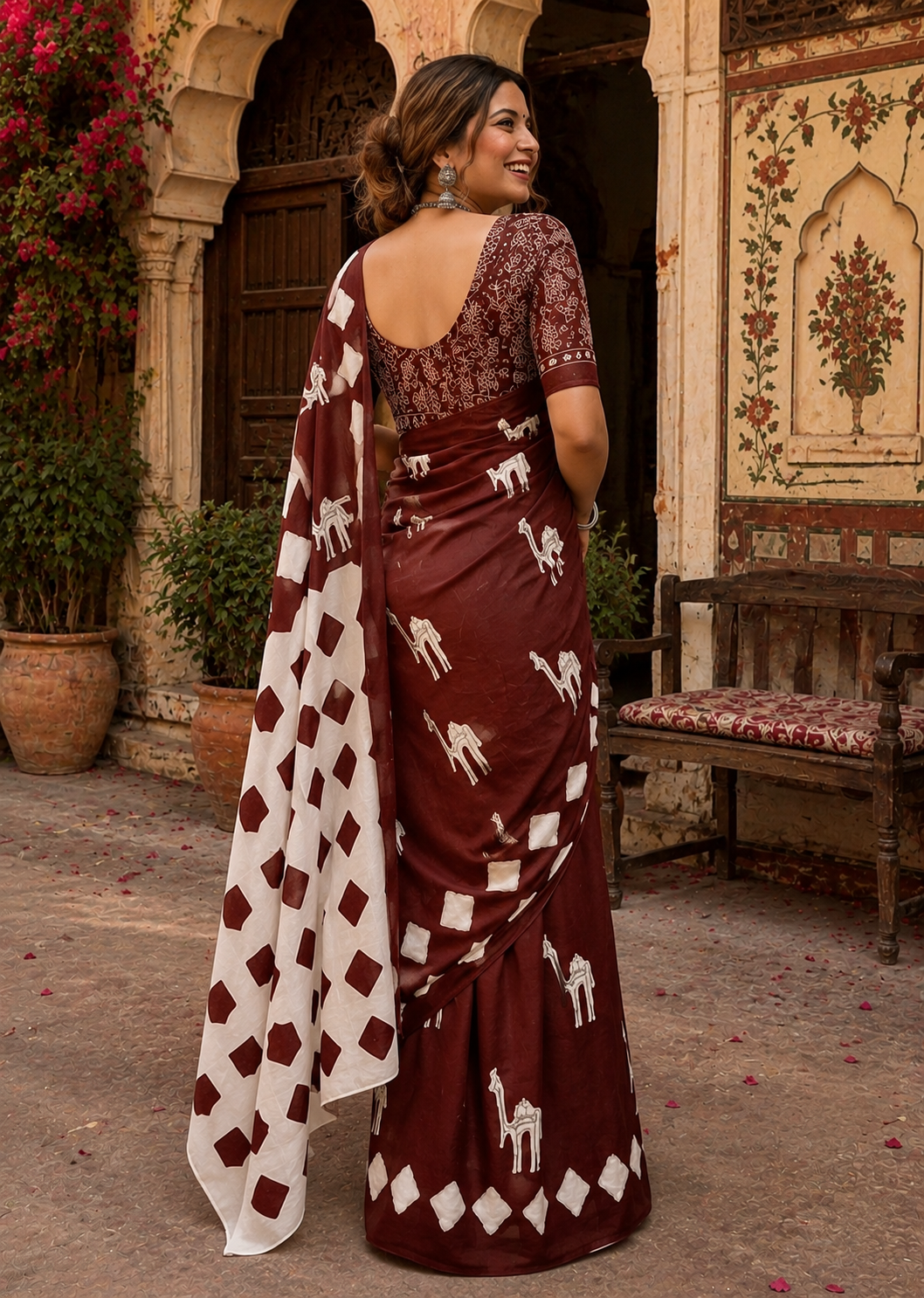 Soft Pure Cotton Printed Saree With Unstitched Blouse(Coffee)