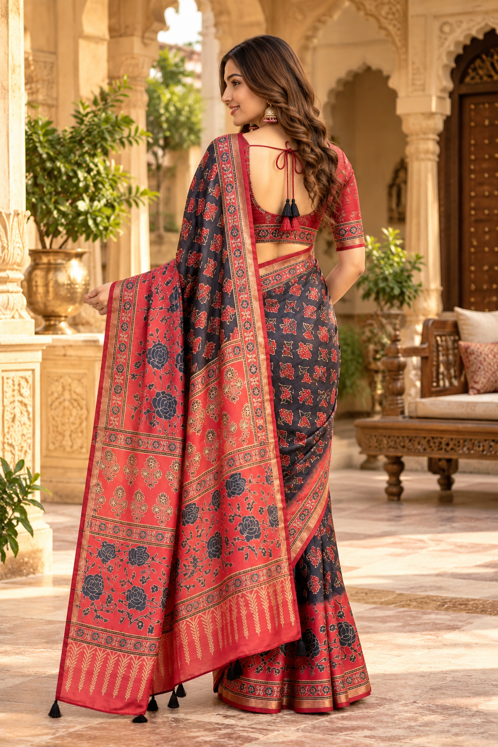 Soft Chinon Silk Sequin & Mirror Work Saree with Unstitched Blouse(Black)