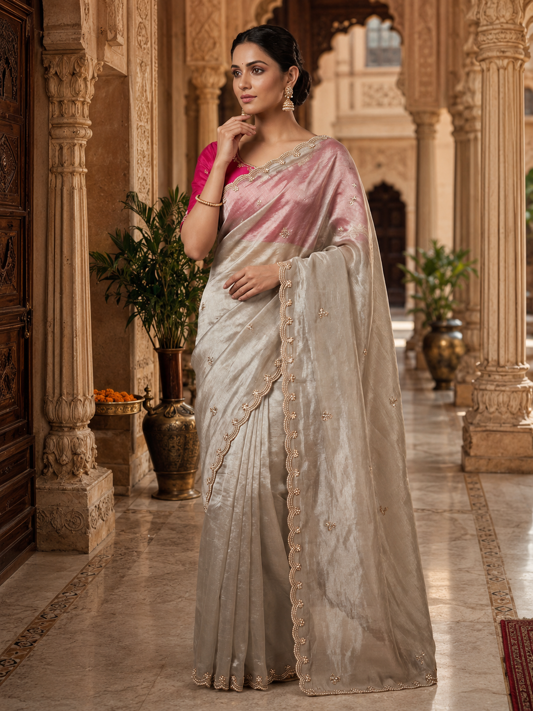 Satin Silk Embroidery Work Saree With Unstitched Blouse(Off-White)